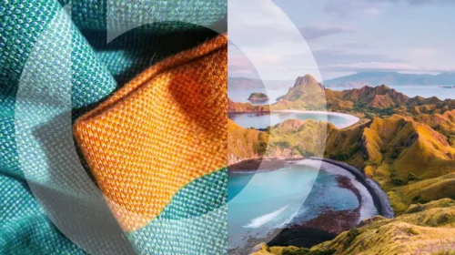 mountains with lakes next to fabric close ups
