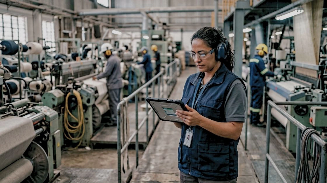 Worker at textile manufacturing facility