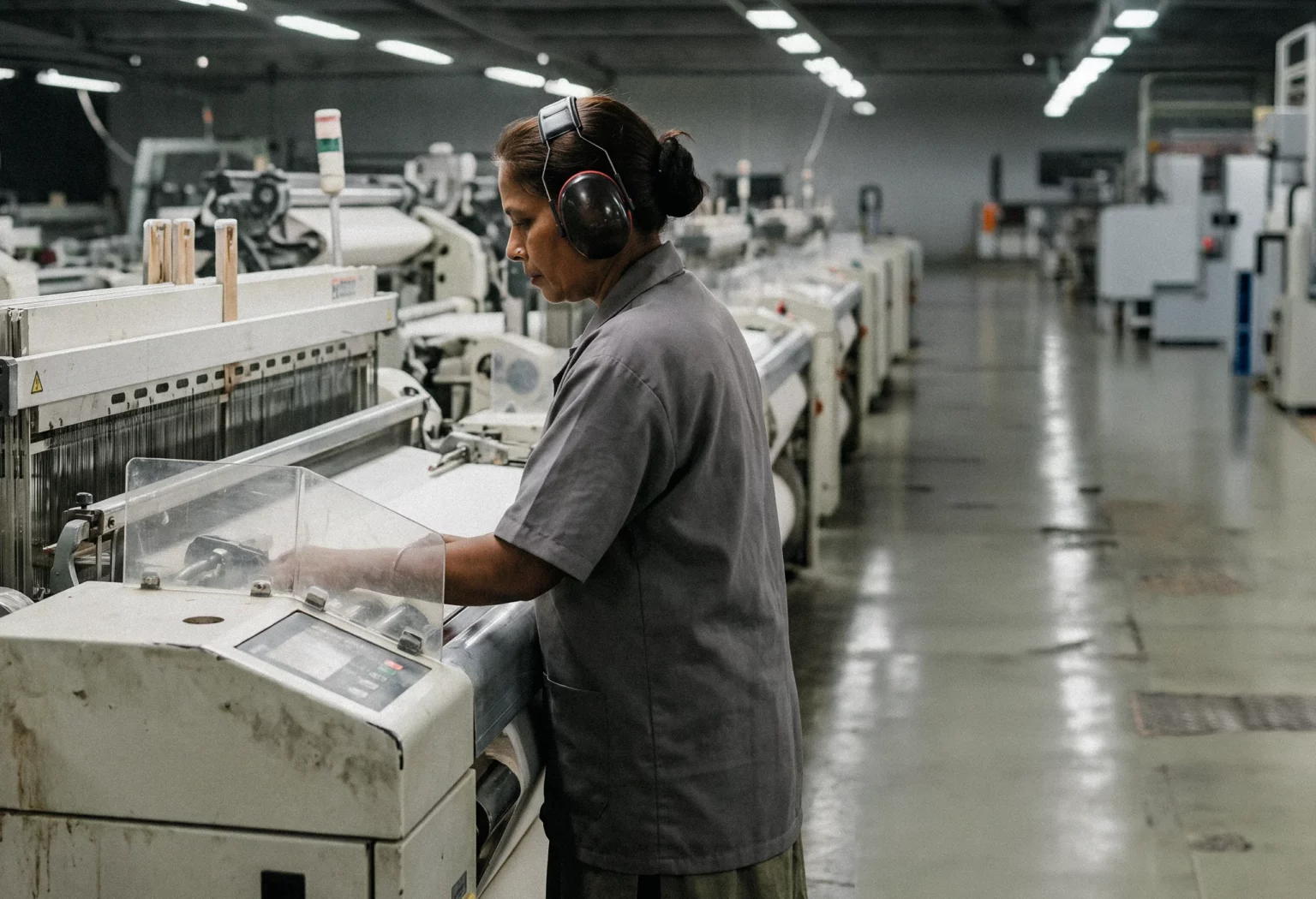 Worker wearing ear protection at a weaving loom in a textile mill