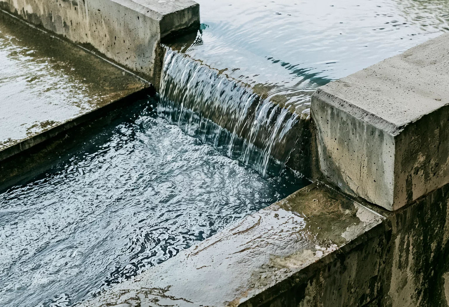 Water flowing over a concrete weir in a treatment basin