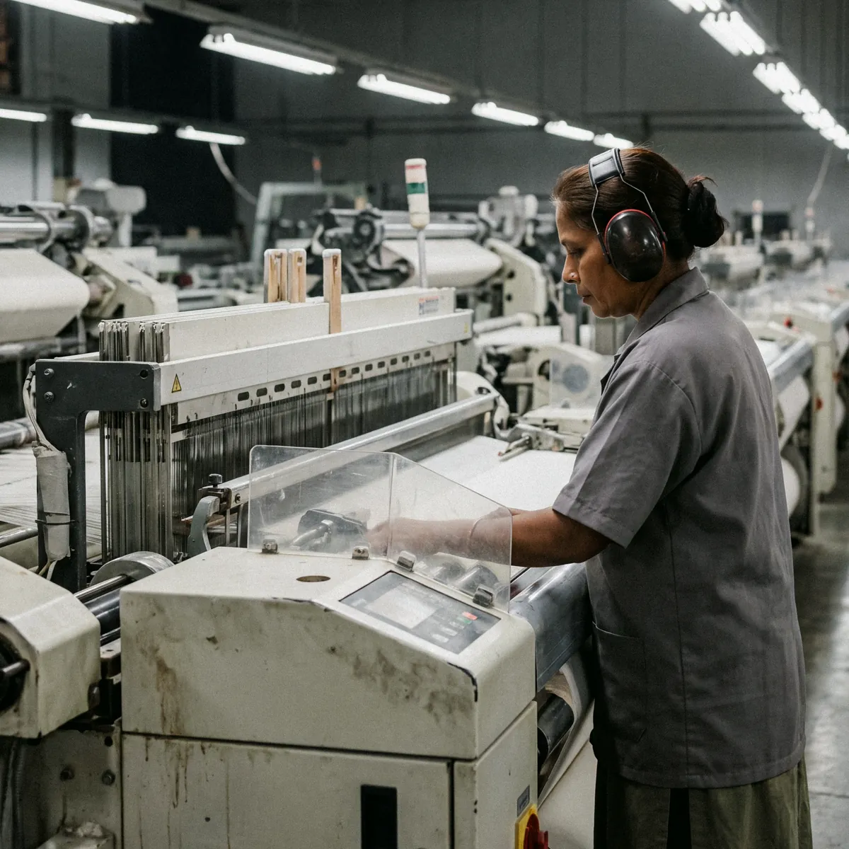 A weaver wearing ear protection works at a loom in a machine hall.